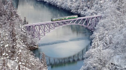 動画で国内旅行　福島県　雪景色の第一只見川橋梁　Daiichi Tadami Iron Bridge, Fukushima